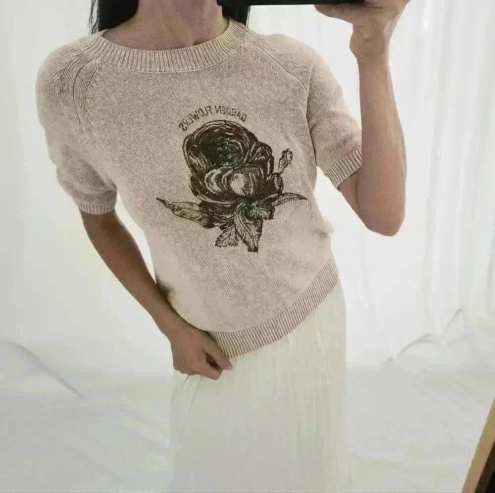 Anthropologie Pilcro Cotton Pull Over Sweater Pink Quarter Length Sleeves Black